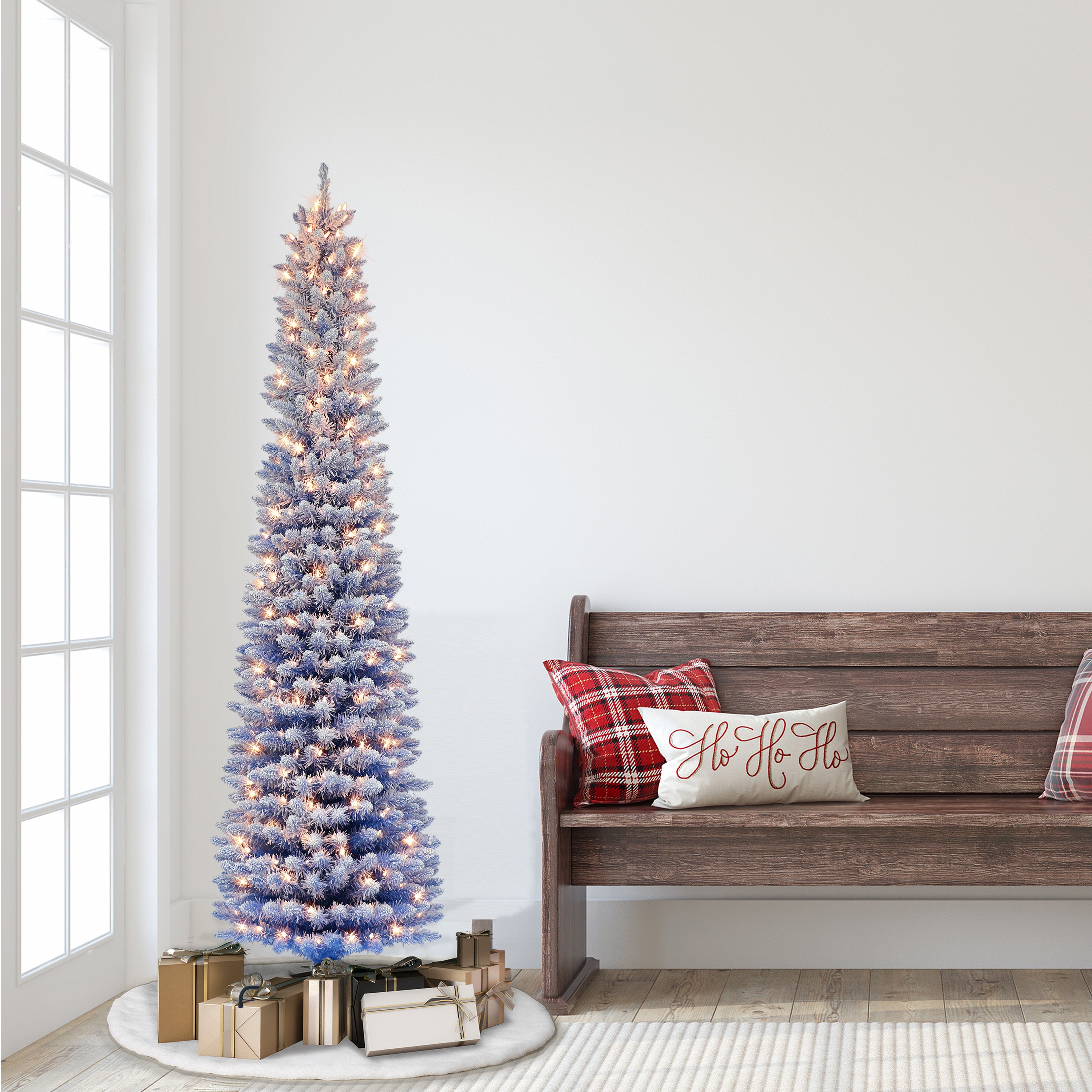 6.5ft Pre-lit Flocked Fashion Blue Pencil Christmas Tree